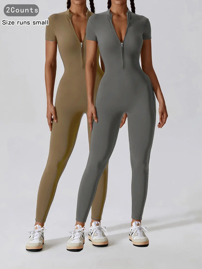 Women'S Solid Zipper Mock Neck Sports Jumpsuit, Sporty High Waist Quick Drying Jumpsuit for Yoga Gym Workout, Skinny Fit Jumpsuit, Tight Fitting Jumpsuit, Workout Jumpsuits