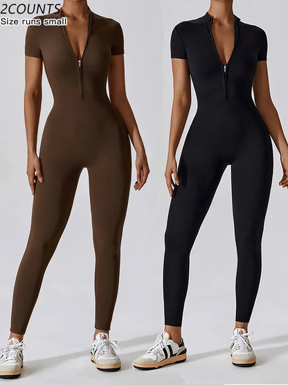 Women'S Solid Zipper Mock Neck Sports Jumpsuit, Sporty High Waist Quick Drying Jumpsuit for Yoga Gym Workout, Skinny Fit Jumpsuit, Tight Fitting Jumpsuit, Workout Jumpsuits