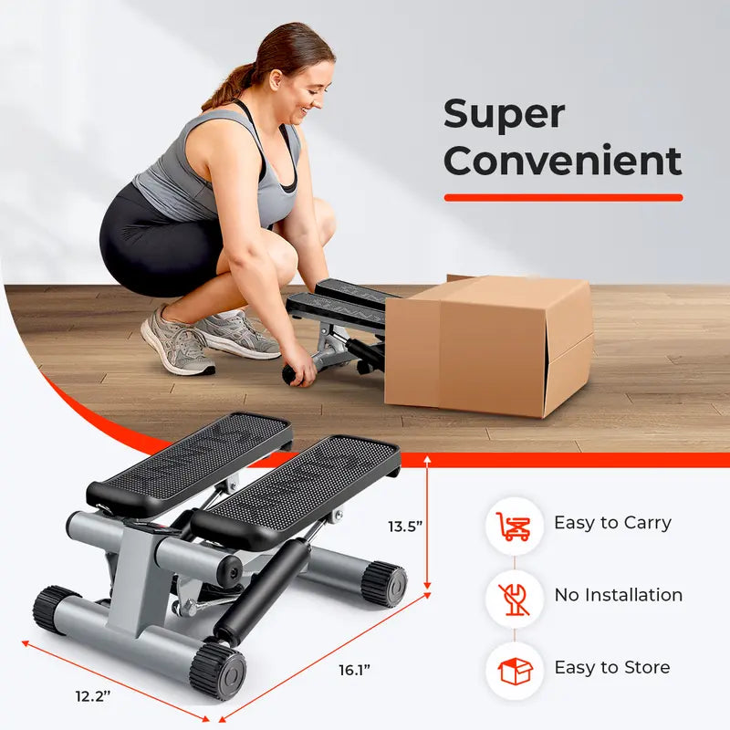 SUNNY Original Mini Stepper with Resistance Bands Whole Body Workout Home Gym Fitness Equipment Quiet Hydraulic Drive Compact Cardio Exercise Machine for Legs Glutes Core and Upper Body 300 Lbs Capacity