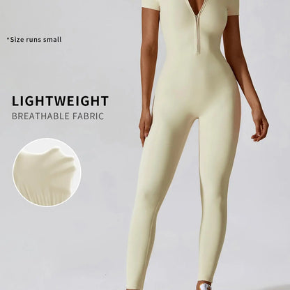 Women'S Solid Zipper Mock Neck Sports Jumpsuit, Sporty High Waist Quick Drying Jumpsuit for Yoga Gym Workout, Skinny Fit Jumpsuit, Tight Fitting Jumpsuit, Workout Jumpsuits