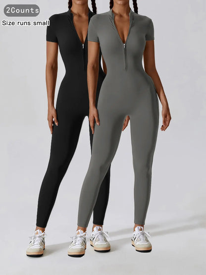 Women'S Solid Zipper Mock Neck Sports Jumpsuit, Sporty High Waist Quick Drying Jumpsuit for Yoga Gym Workout, Skinny Fit Jumpsuit, Tight Fitting Jumpsuit, Workout Jumpsuits