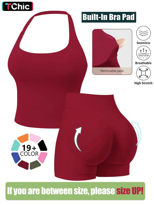 Seamless Workout Sets for Women, Halter Tank Top & Gym Scrunched Shorts Sports Set, Sporty Breathable Quick Drying Outfits for Yoga Gym Workout Running, Ladies Sportswear for Summer, Exercise Clothing Set #GLOBAL PICKS