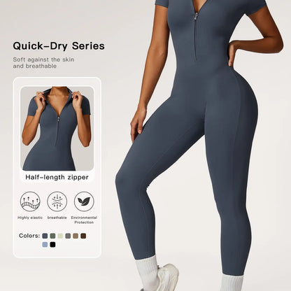Women'S Solid Zipper Mock Neck Sports Jumpsuit, Sporty High Waist Quick Drying Jumpsuit for Yoga Gym Workout, Skinny Fit Jumpsuit, Tight Fitting Jumpsuit, Workout Jumpsuits