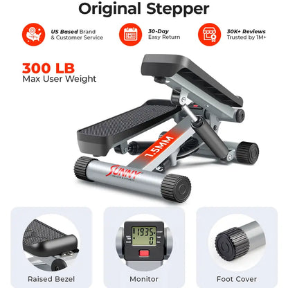 SUNNY Original Mini Stepper with Resistance Bands Whole Body Workout Home Gym Fitness Equipment Quiet Hydraulic Drive Compact Cardio Exercise Machine for Legs Glutes Core and Upper Body 300 Lbs Capacity