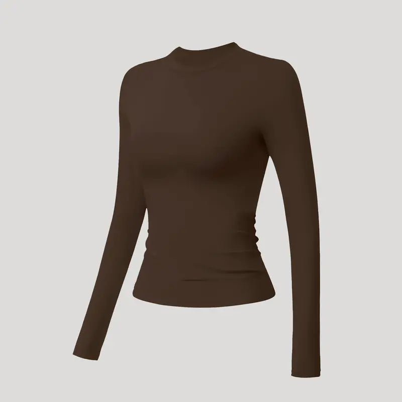TIMEOFF Women'S Plain Nylon Blend Long Sleeve Gym Workout Apparel, Mock Neck Slim Fit Athletic Shirt, Thumb-Hole Cuffs, Stretchy Soft Breathable Fabric, Snug Non-Restrictive Women'S Clothes, Ideal for Yoga, Gym Training, Everyday Tops