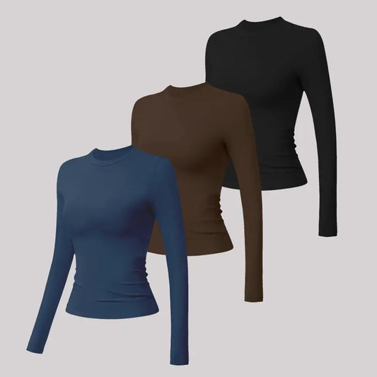 TIMEOFF Women'S Plain Nylon Blend Long Sleeve Gym Workout Apparel, Mock Neck Slim Fit Athletic Shirt, Thumb-Hole Cuffs, Stretchy Soft Breathable Fabric, Snug Non-Restrictive Women'S Clothes, Ideal for Yoga, Gym Training, Everyday Tops