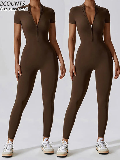 Women'S Solid Zipper Mock Neck Sports Jumpsuit, Sporty High Waist Quick Drying Jumpsuit for Yoga Gym Workout, Skinny Fit Jumpsuit, Tight Fitting Jumpsuit, Workout Jumpsuits