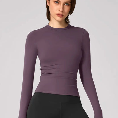 TIMEOFF Women'S Plain Nylon Blend Long Sleeve Gym Workout Apparel, Mock Neck Slim Fit Athletic Shirt, Thumb-Hole Cuffs, Stretchy Soft Breathable Fabric, Snug Non-Restrictive Women'S Clothes, Ideal for Yoga, Gym Training, Everyday Tops