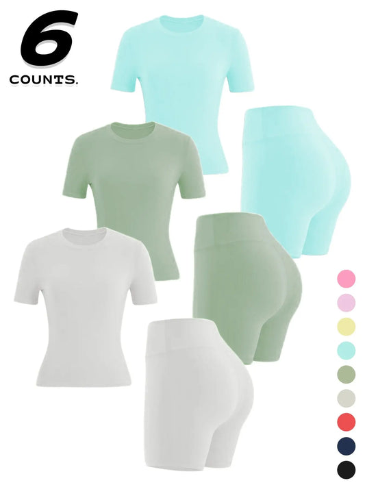 Two-Piece Set Women'S Solid Color Tee & High Waist Skinny Shorts Tracksuit Set, Sporty Casual Breathable Set for Yoga Gym Workout Running, Ladies Summer Sportswear, Activewear, Sports Clothing Set