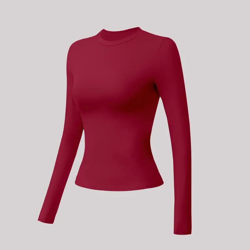 TIMEOFF Women'S Plain Nylon Blend Long Sleeve Gym Workout Apparel, Mock Neck Slim Fit Athletic Shirt, Thumb-Hole Cuffs, Stretchy Soft Breathable Fabric, Snug Non-Restrictive Women'S Clothes, Ideal for Yoga, Gym Training, Everyday Tops