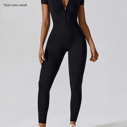 Women'S Solid Zipper Mock Neck Sports Jumpsuit, Sporty High Waist Quick Drying Jumpsuit for Yoga Gym Workout, Skinny Fit Jumpsuit, Tight Fitting Jumpsuit, Workout Jumpsuits
