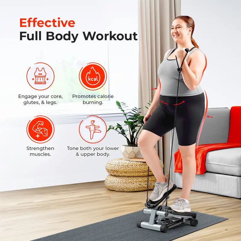 SUNNY Original Mini Stepper with Resistance Bands Whole Body Workout Home Gym Fitness Equipment Quiet Hydraulic Drive Compact Cardio Exercise Machine for Legs Glutes Core and Upper Body 300 Lbs Capacity