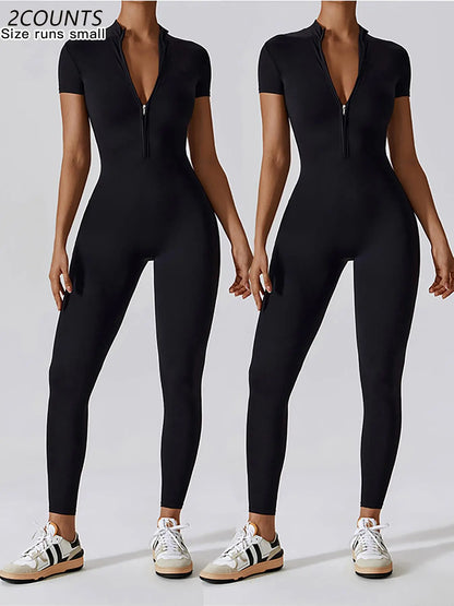Women'S Solid Zipper Mock Neck Sports Jumpsuit, Sporty High Waist Quick Drying Jumpsuit for Yoga Gym Workout, Skinny Fit Jumpsuit, Tight Fitting Jumpsuit, Workout Jumpsuits