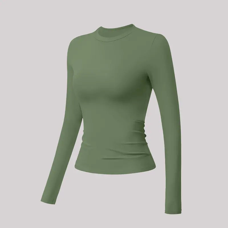 TIMEOFF Women'S Plain Nylon Blend Long Sleeve Gym Workout Apparel, Mock Neck Slim Fit Athletic Shirt, Thumb-Hole Cuffs, Stretchy Soft Breathable Fabric, Snug Non-Restrictive Women'S Clothes, Ideal for Yoga, Gym Training, Everyday Tops