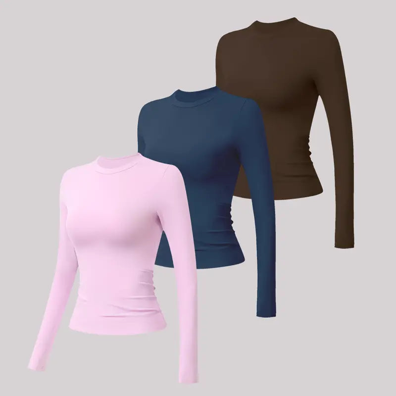 TIMEOFF Women'S Plain Nylon Blend Long Sleeve Gym Workout Apparel, Mock Neck Slim Fit Athletic Shirt, Thumb-Hole Cuffs, Stretchy Soft Breathable Fabric, Snug Non-Restrictive Women'S Clothes, Ideal for Yoga, Gym Training, Everyday Tops