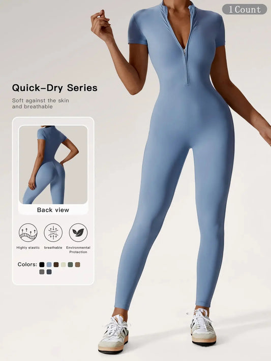Women'S Solid Zipper Mock Neck Sports Jumpsuit, Sporty High Waist Quick Drying Jumpsuit for Yoga Gym Workout, Skinny Fit Jumpsuit, Tight Fitting Jumpsuit, Workout Jumpsuits