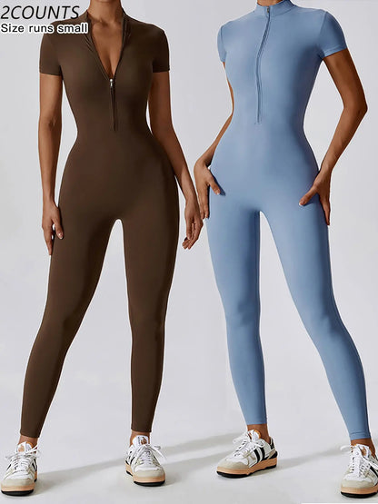 Women'S Solid Zipper Mock Neck Sports Jumpsuit, Sporty High Waist Quick Drying Jumpsuit for Yoga Gym Workout, Skinny Fit Jumpsuit, Tight Fitting Jumpsuit, Workout Jumpsuits