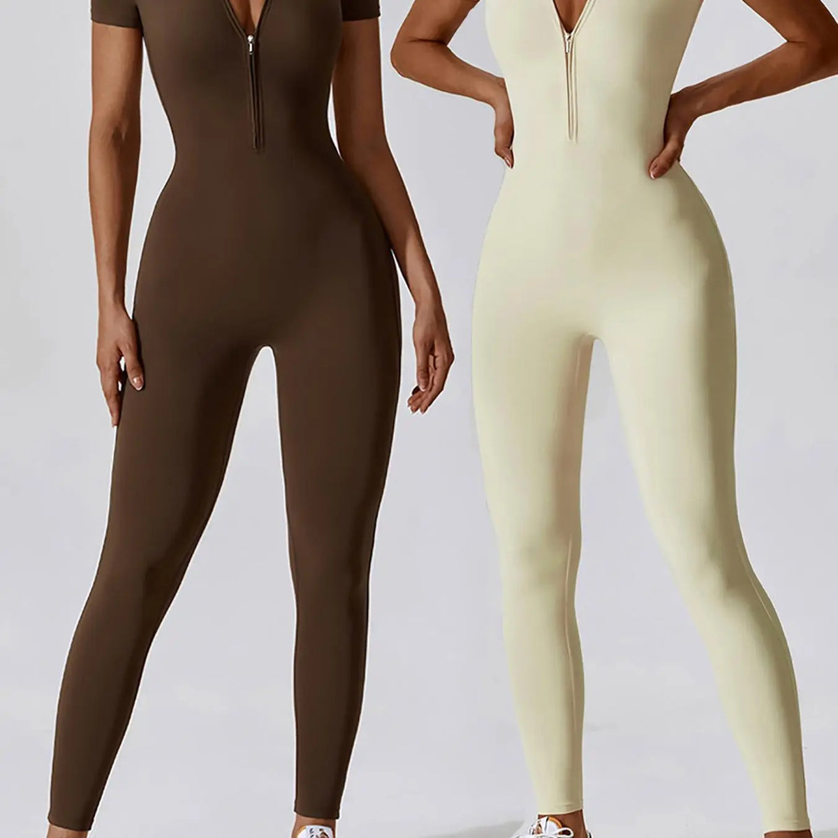 Women'S Solid Zipper Mock Neck Sports Jumpsuit, Sporty High Waist Quick Drying Jumpsuit for Yoga Gym Workout, Skinny Fit Jumpsuit, Tight Fitting Jumpsuit, Workout Jumpsuits
