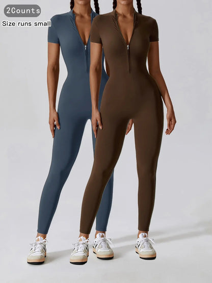 Women'S Solid Zipper Mock Neck Sports Jumpsuit, Sporty High Waist Quick Drying Jumpsuit for Yoga Gym Workout, Skinny Fit Jumpsuit, Tight Fitting Jumpsuit, Workout Jumpsuits