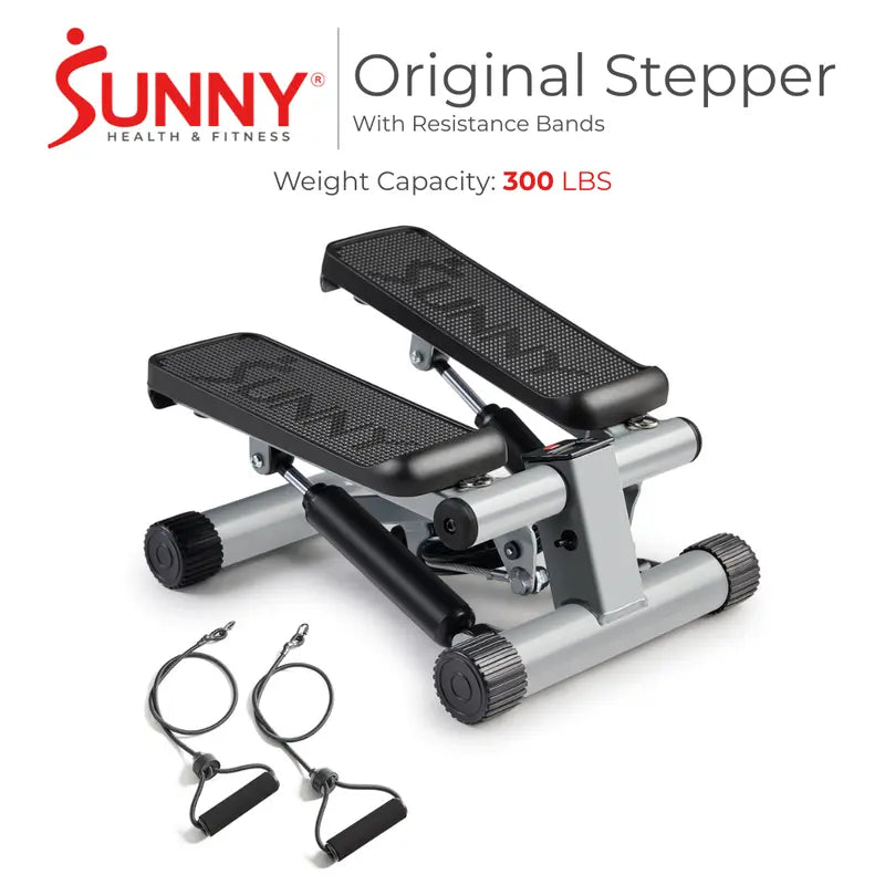 SUNNY Original Mini Stepper with Resistance Bands Whole Body Workout Home Gym Fitness Equipment Quiet Hydraulic Drive Compact Cardio Exercise Machine for Legs Glutes Core and Upper Body 300 Lbs Capacity