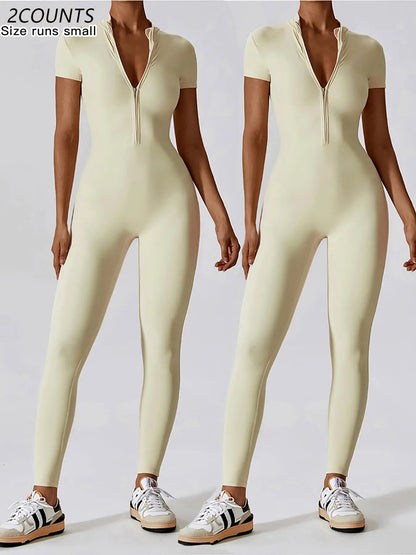 Women'S Solid Zipper Mock Neck Sports Jumpsuit, Sporty High Waist Quick Drying Jumpsuit for Yoga Gym Workout, Skinny Fit Jumpsuit, Tight Fitting Jumpsuit, Workout Jumpsuits