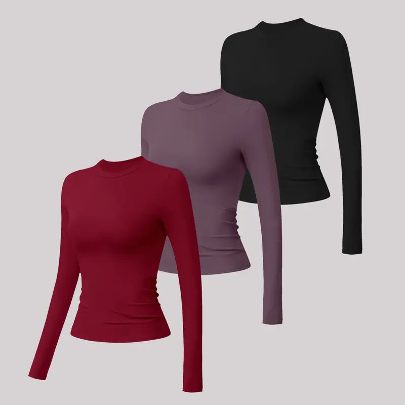 TIMEOFF Women'S Plain Nylon Blend Long Sleeve Gym Workout Apparel, Mock Neck Slim Fit Athletic Shirt, Thumb-Hole Cuffs, Stretchy Soft Breathable Fabric, Snug Non-Restrictive Women'S Clothes, Ideal for Yoga, Gym Training, Everyday Tops