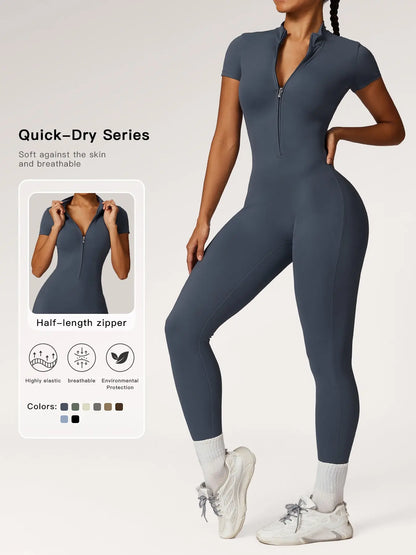 Women'S Solid Zipper Mock Neck Sports Jumpsuit, Sporty High Waist Quick Drying Jumpsuit for Yoga Gym Workout, Skinny Fit Jumpsuit, Tight Fitting Jumpsuit, Workout Jumpsuits