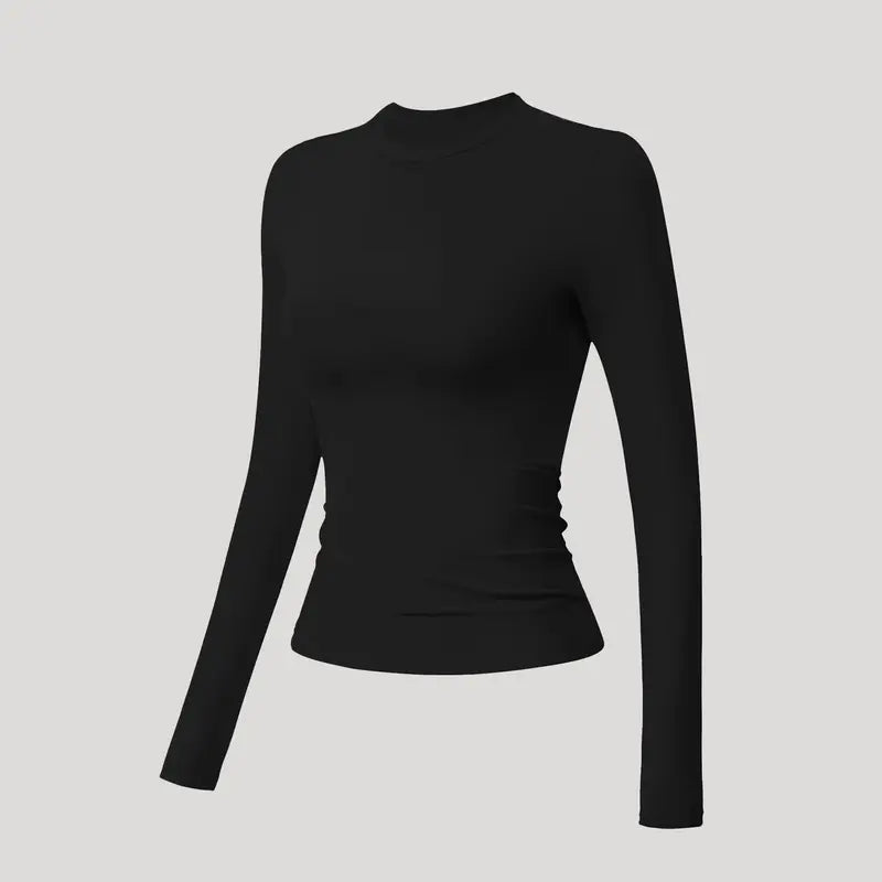 TIMEOFF Women'S Plain Nylon Blend Long Sleeve Gym Workout Apparel, Mock Neck Slim Fit Athletic Shirt, Thumb-Hole Cuffs, Stretchy Soft Breathable Fabric, Snug Non-Restrictive Women'S Clothes, Ideal for Yoga, Gym Training, Everyday Tops
