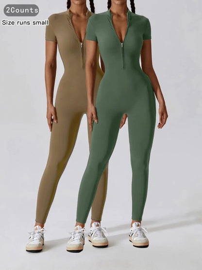 Women'S Solid Zipper Mock Neck Sports Jumpsuit, Sporty High Waist Quick Drying Jumpsuit for Yoga Gym Workout, Skinny Fit Jumpsuit, Tight Fitting Jumpsuit, Workout Jumpsuits