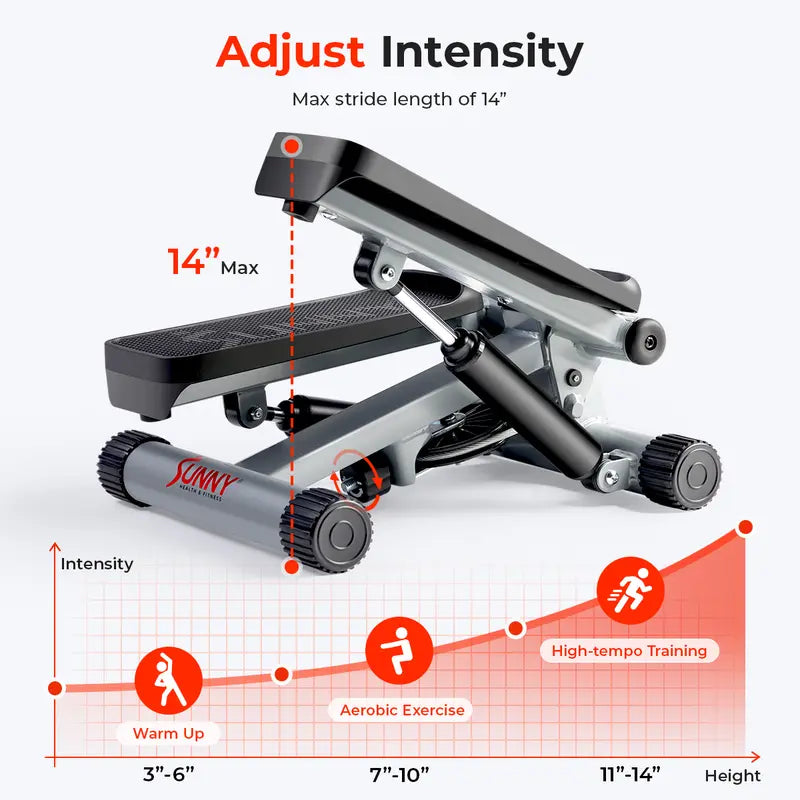 SUNNY Original Mini Stepper with Resistance Bands Whole Body Workout Home Gym Fitness Equipment Quiet Hydraulic Drive Compact Cardio Exercise Machine for Legs Glutes Core and Upper Body 300 Lbs Capacity